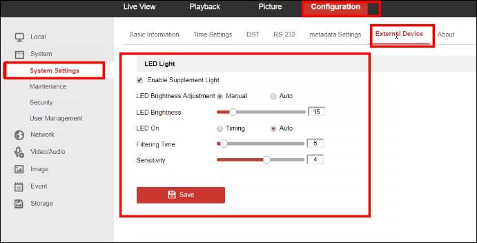Регулирование настроек светодиодного прожектора на камерах Hikvision
